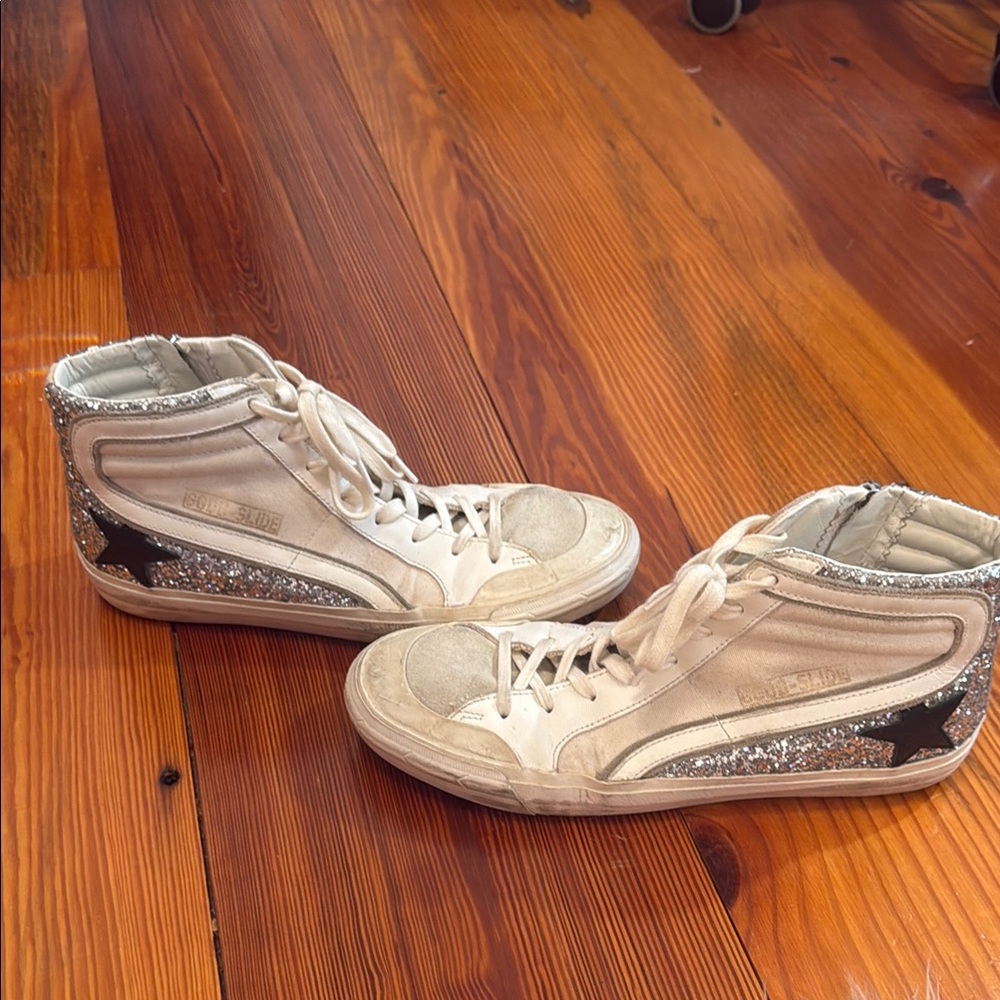 Golden Goose White and Silver High-Top Sneakers
